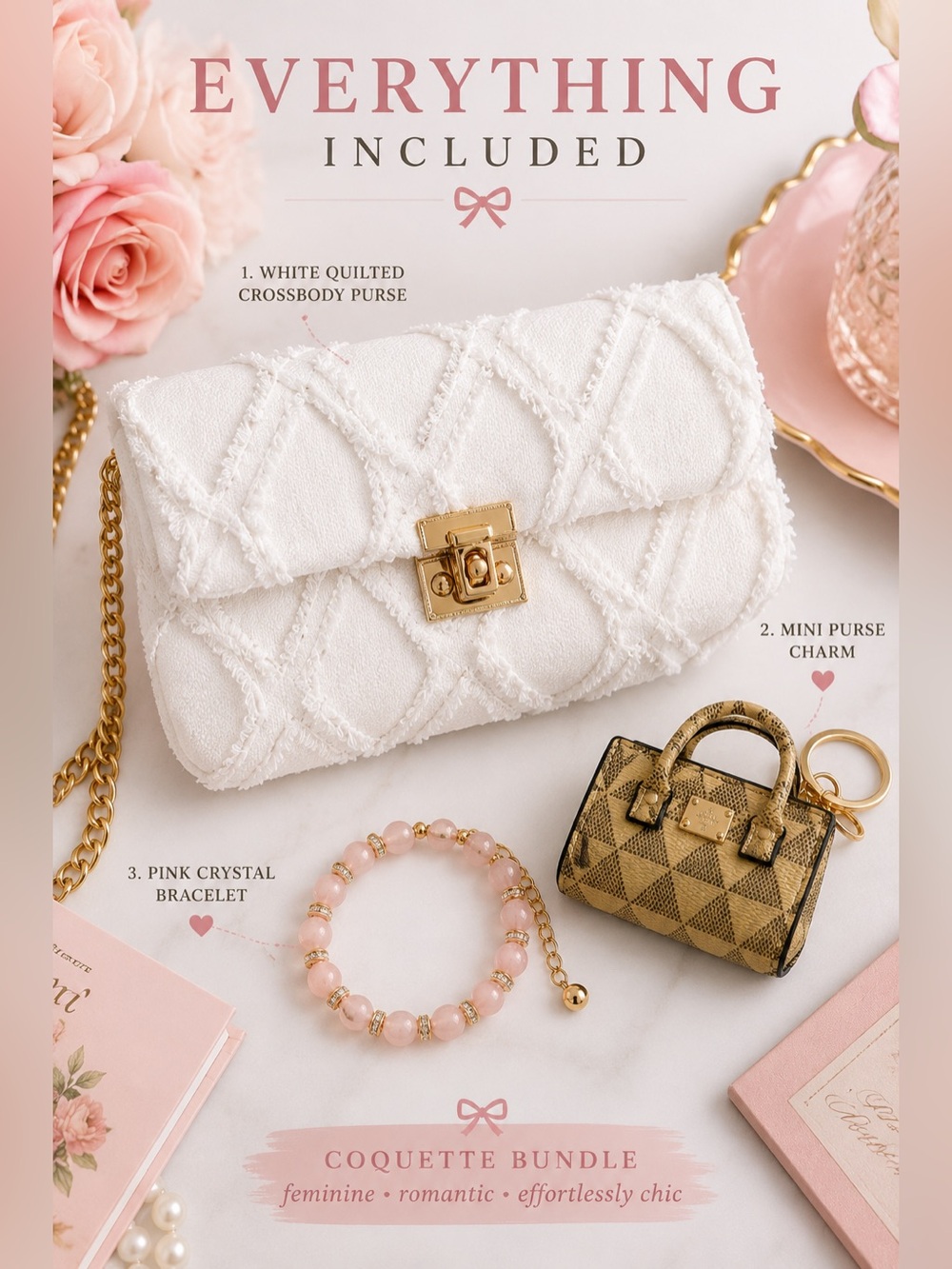 Coquette White Purse Bundle Crossbody Clutch Charm Bracelet